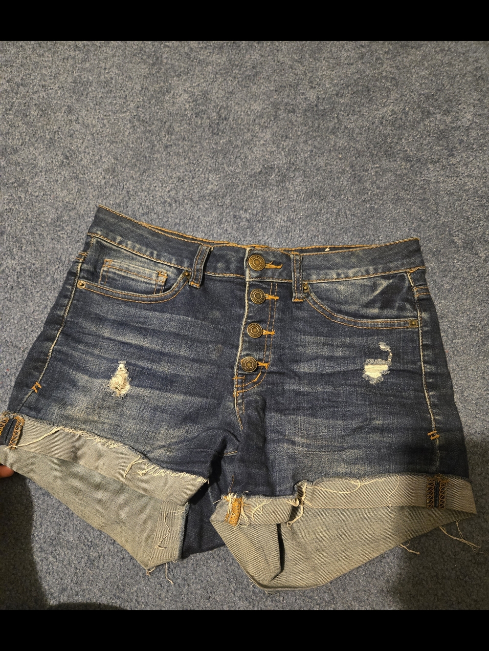 Mudd Dark Blue Distressed Button-Front Jean Shorts